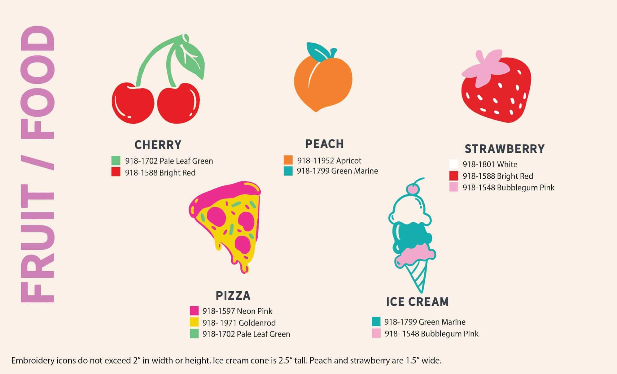 food and fruit icons like cherry, peach, strawberry, pizza and ice cream